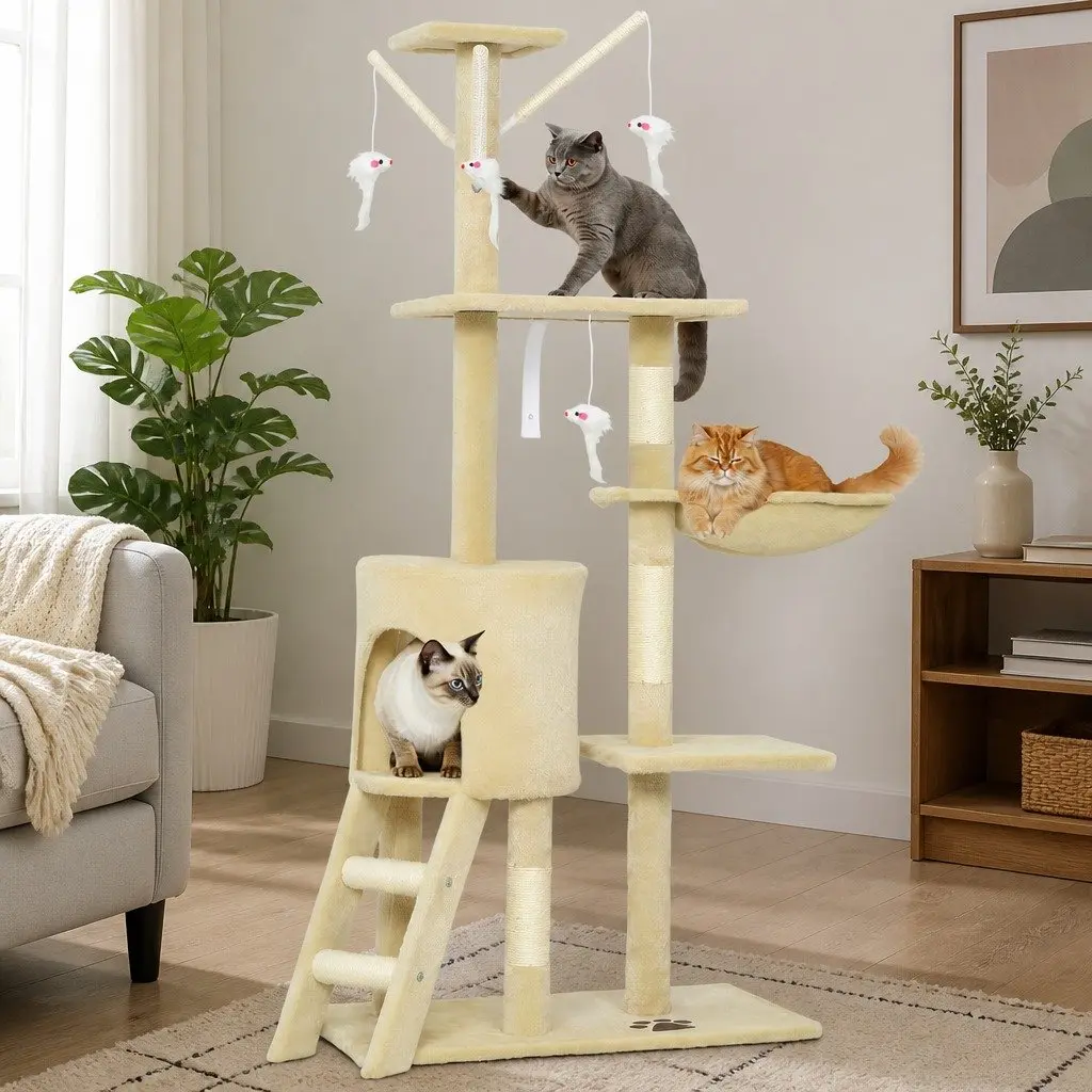 Cat Tree Indoor Cats 134cm Beige Hammock Plush Perch Sisal Scratching Posts
