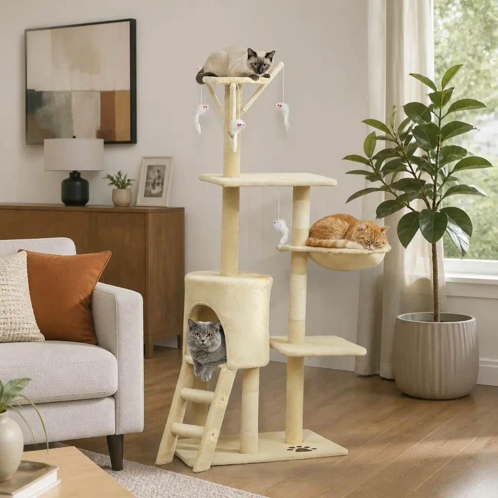 Cat Tree Indoor Cats 134cm Beige Hammock Plush Perch Sisal Scratching Posts
