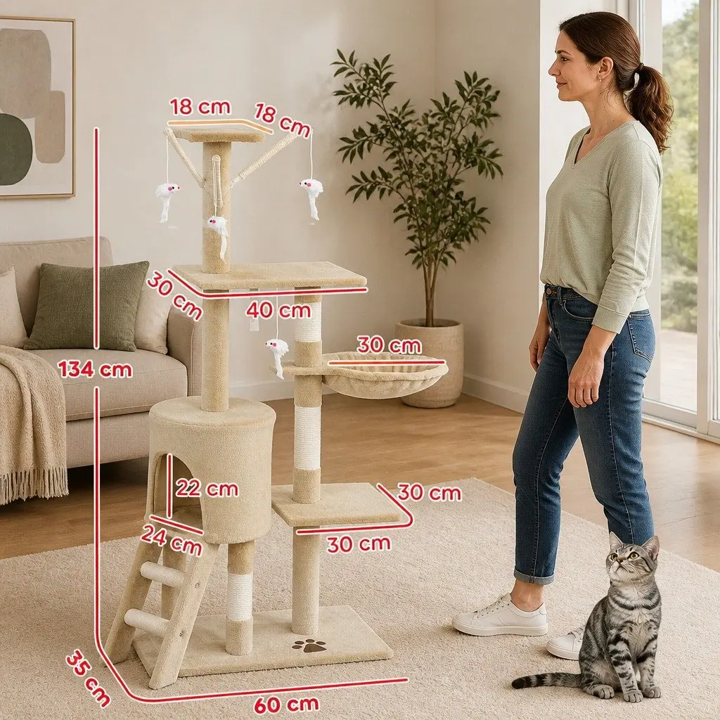 Cat Tree Indoor Cats 134cm Beige Hammock Plush Perch Sisal Scratching Posts
