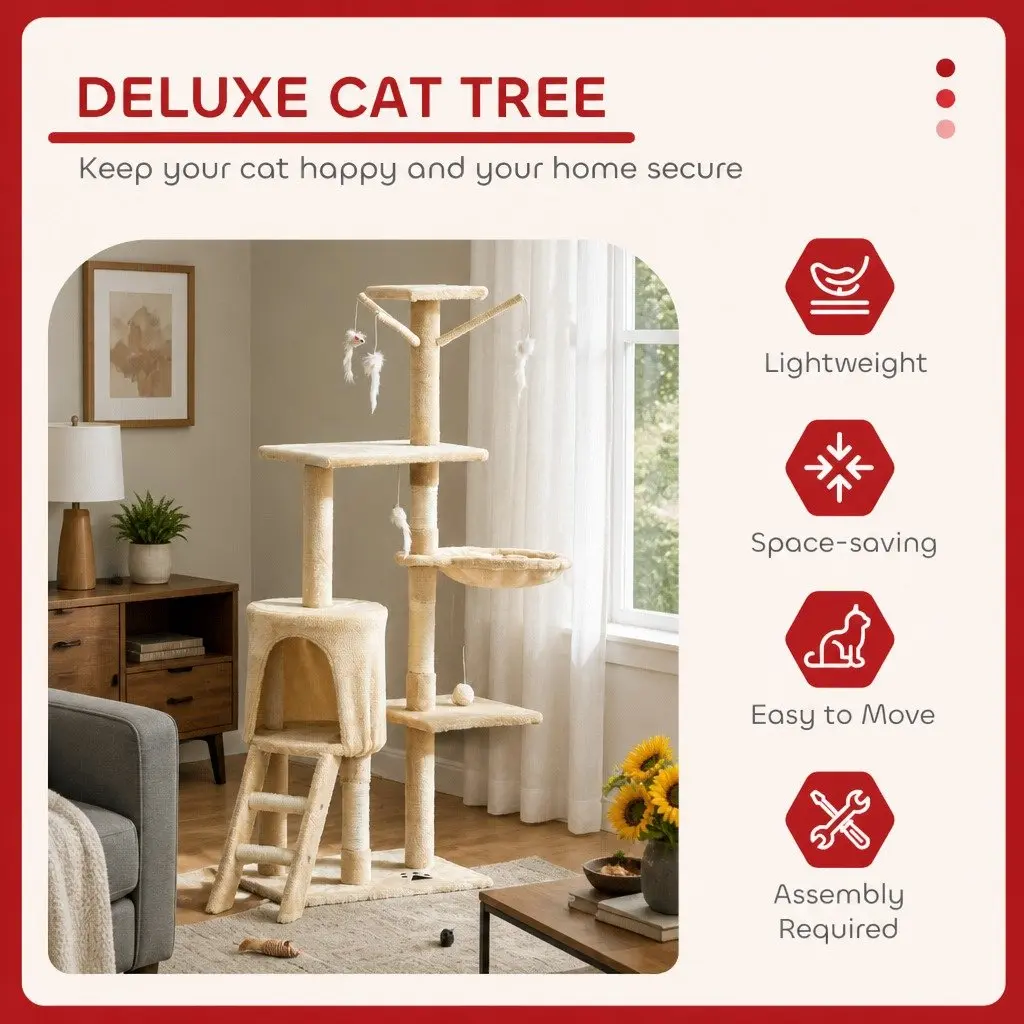 Cat Tree Indoor Cats 134cm Beige Hammock Plush Perch Sisal Scratching Posts