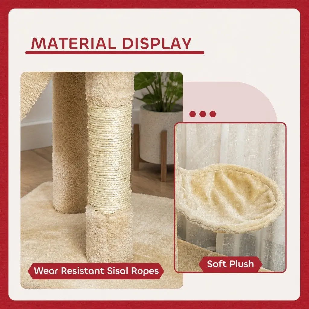 Cat Tree Indoor Cats 134cm Beige Hammock Plush Perch Sisal Scratching Posts