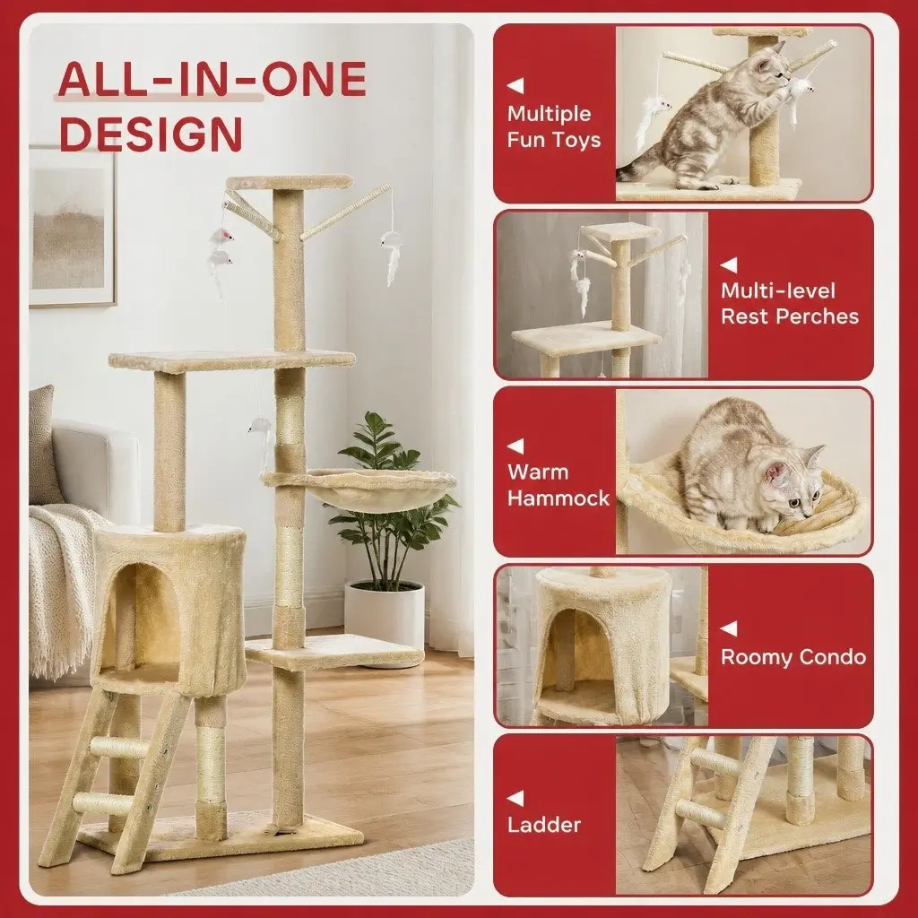 Cat Tree Indoor Cats 134cm Beige Hammock Plush Perch Sisal Scratching Posts
