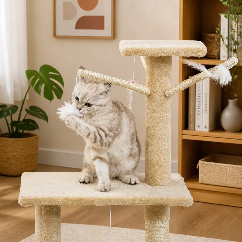 Cat Tree Indoor Cats 134cm Beige Hammock Plush Perch Sisal Scratching Posts
