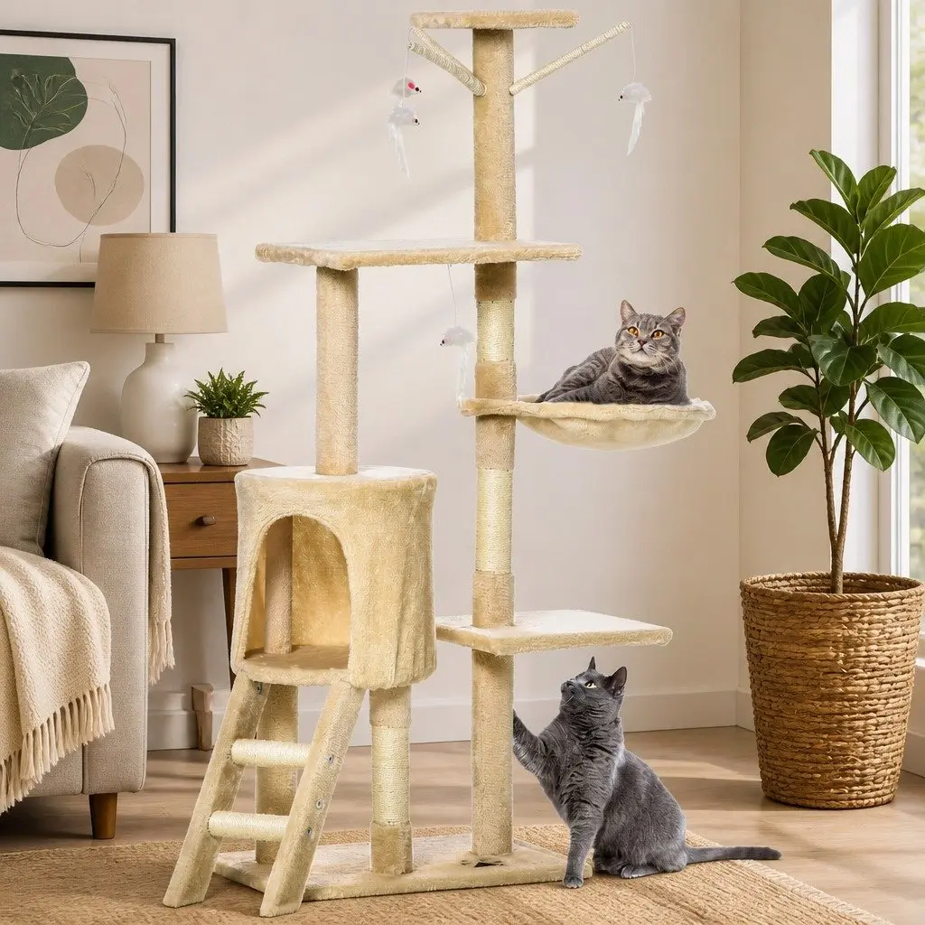 Cat Tree Indoor Cats 134cm Beige Hammock Plush Perch Sisal Scratching Posts