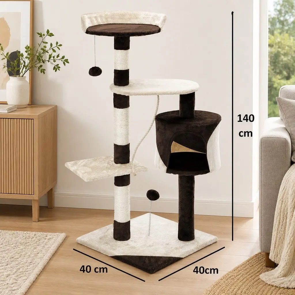Cat Tree Multi-Level 140cm Indoor Cats Plush Perch Sisal Scratching Posts Condo Beige