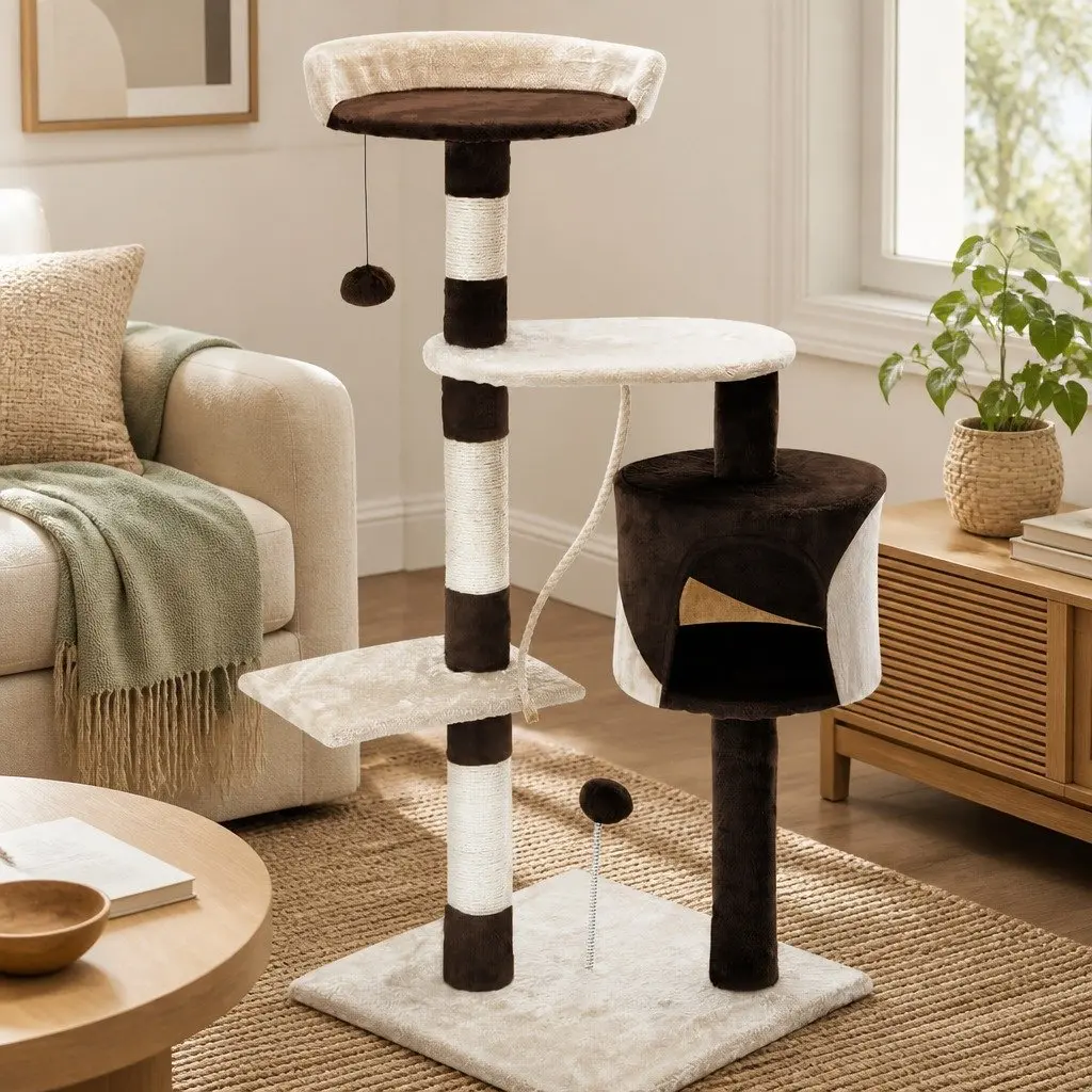 Cat Tree Multi-Level 140cm Indoor Cats Plush Perch Sisal Scratching Posts Condo Beige