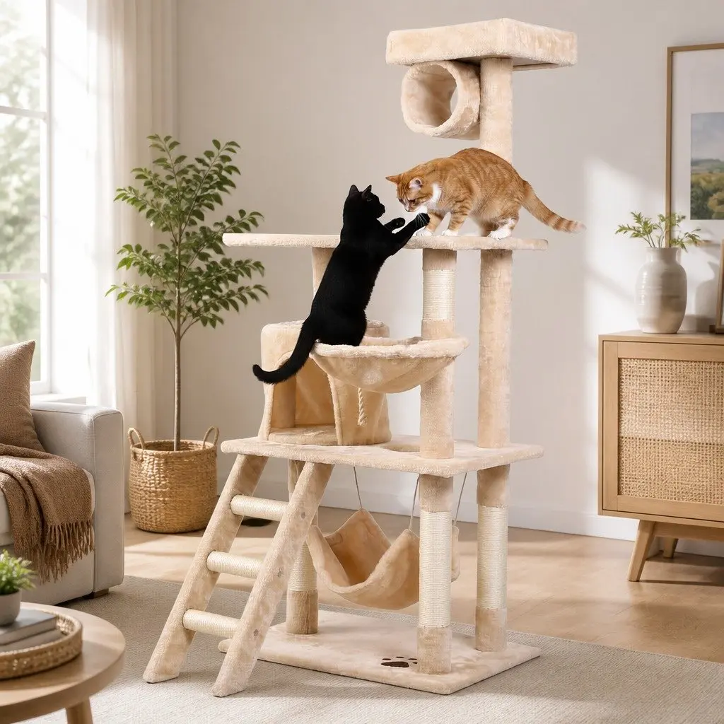 Cat Tree Tower Indoor Cats 141cm Multi-Level Climbing Perch Hammock Condo Beige