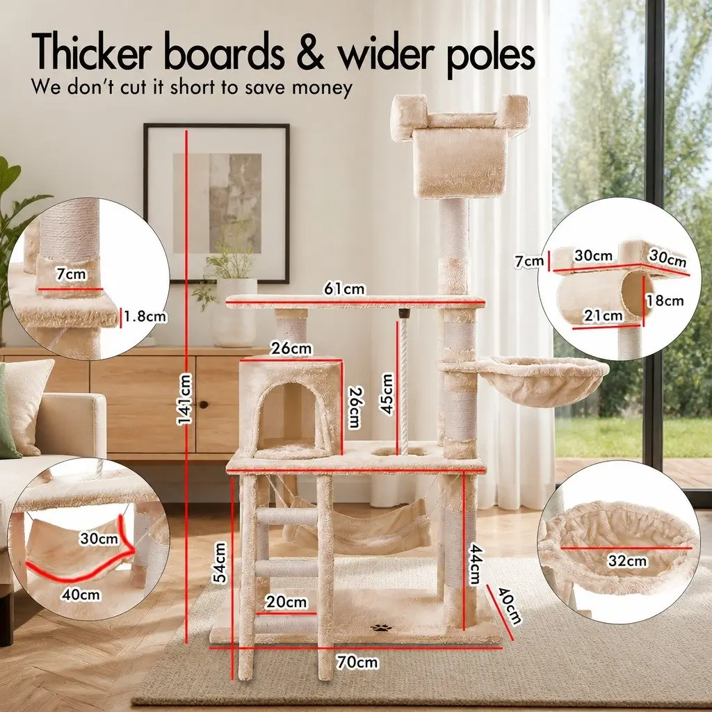 Cat Tree Tower Indoor Cats 141cm Multi-Level Climbing Perch Hammock Condo Beige