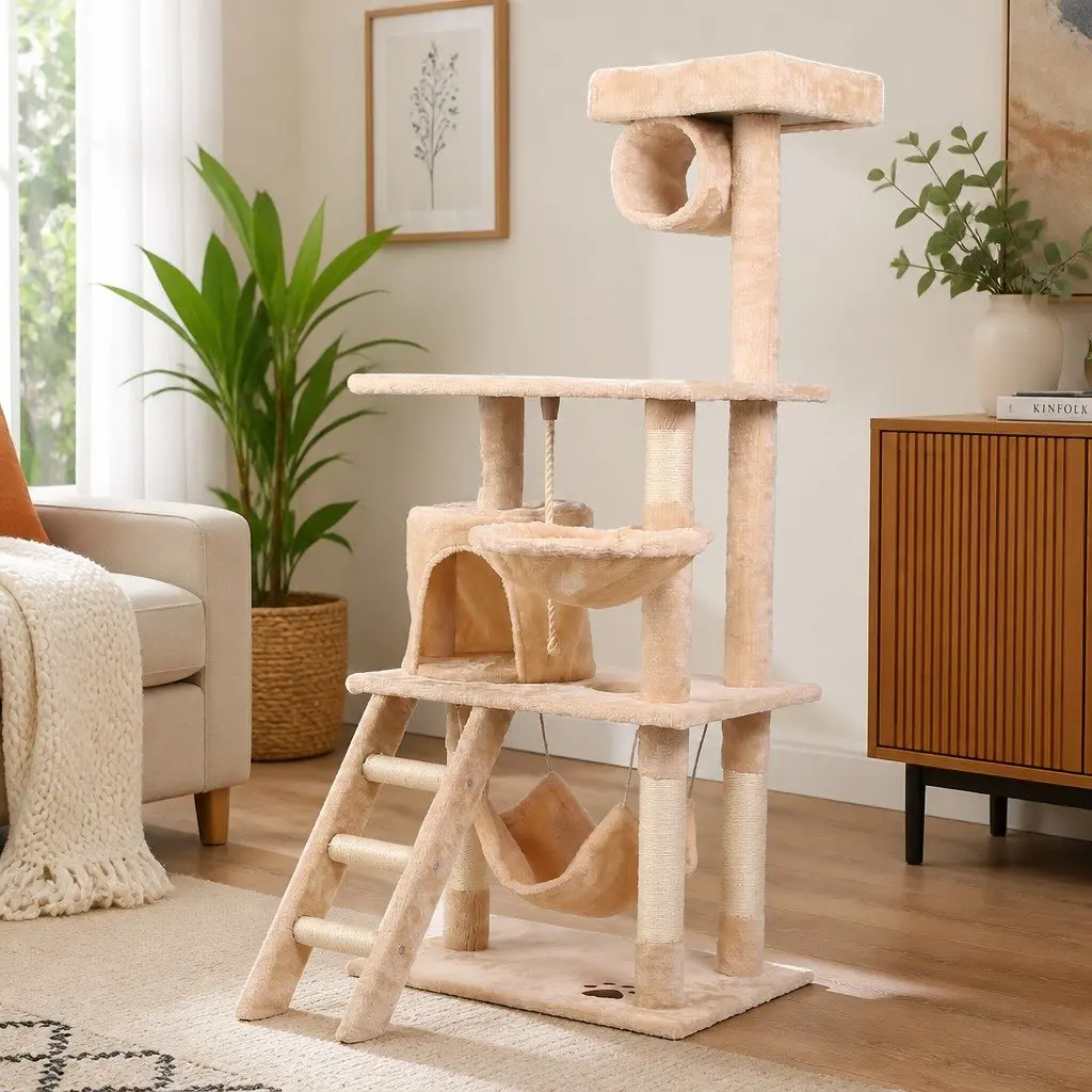 Cat Tree Tower Indoor Cats 141cm Multi-Level Climbing Perch Hammock Condo Beige