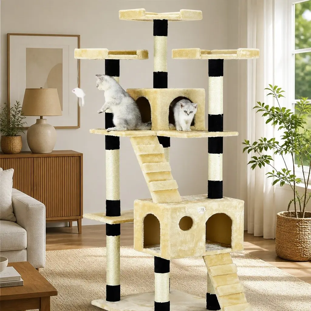 Indoor Cat Tree Tower Multi-Level Climbing Perches Beige 180cm with Sisal Posts and Dual Condos
