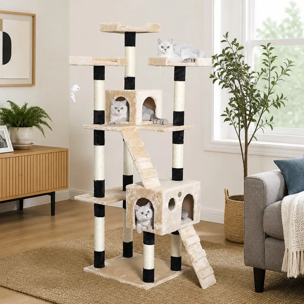 Indoor Cat Tree Tower Multi-Level Climbing Perches Beige 180cm with Sisal Posts and Dual Condos