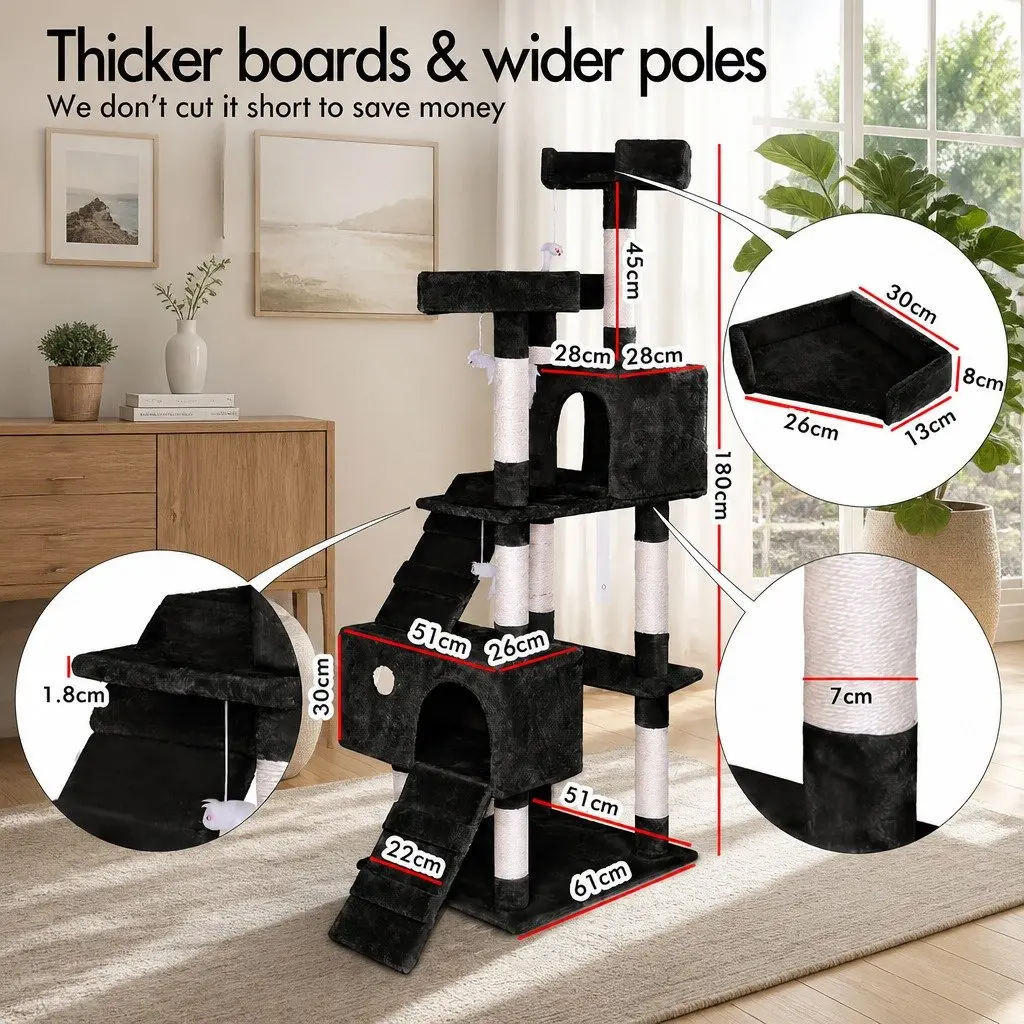 Indoor Cat Tree Tower Multi-Level Climbing Perches Beige 180cm with Sisal Posts and Dual Condos