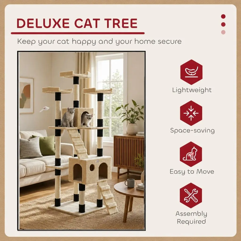 Indoor Cat Tree Tower Multi-Level Climbing Perches Beige 180cm with Sisal Posts and Dual Condos