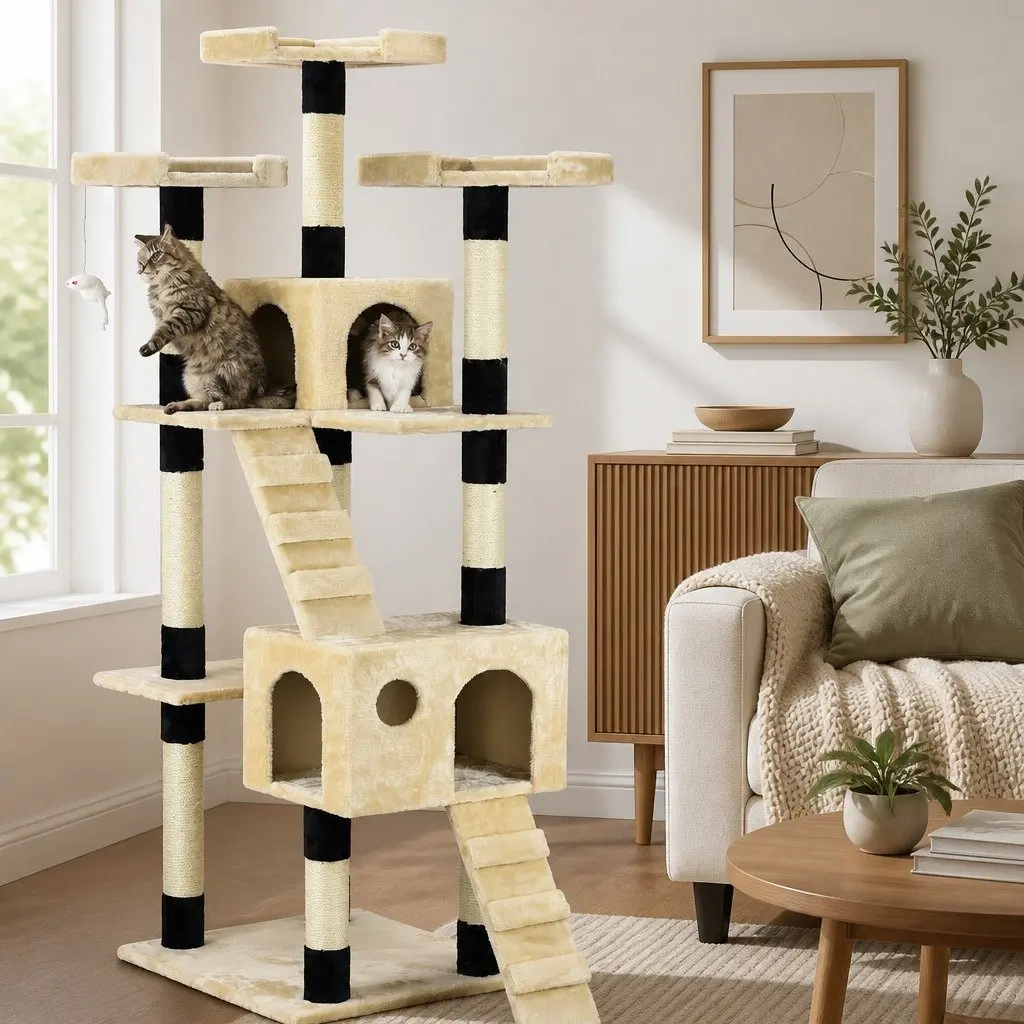 Indoor Cat Tree Tower Multi-Level Climbing Perches Beige 180cm with Sisal Posts and Dual Condos