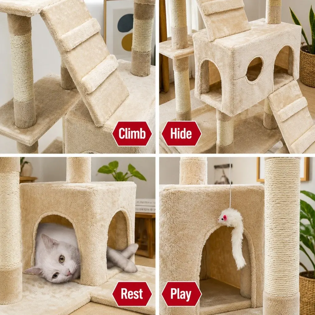 Indoor Cat Tree Tower Multi-Level Climbing Perches Beige 180cm with Sisal Posts and Dual Condos
