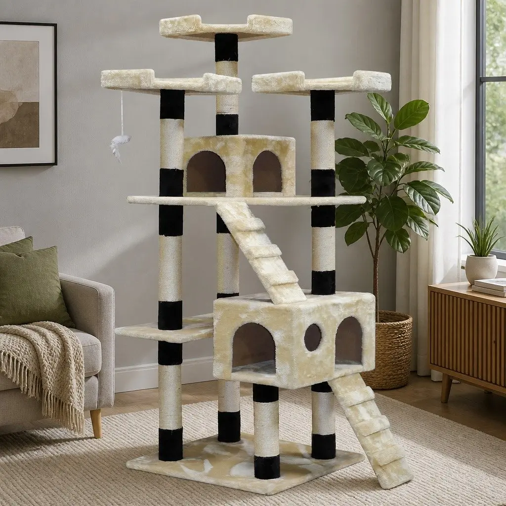 Indoor Cat Tree Tower Multi-Level Climbing Perches Beige 180cm with Sisal Posts and Dual Condos