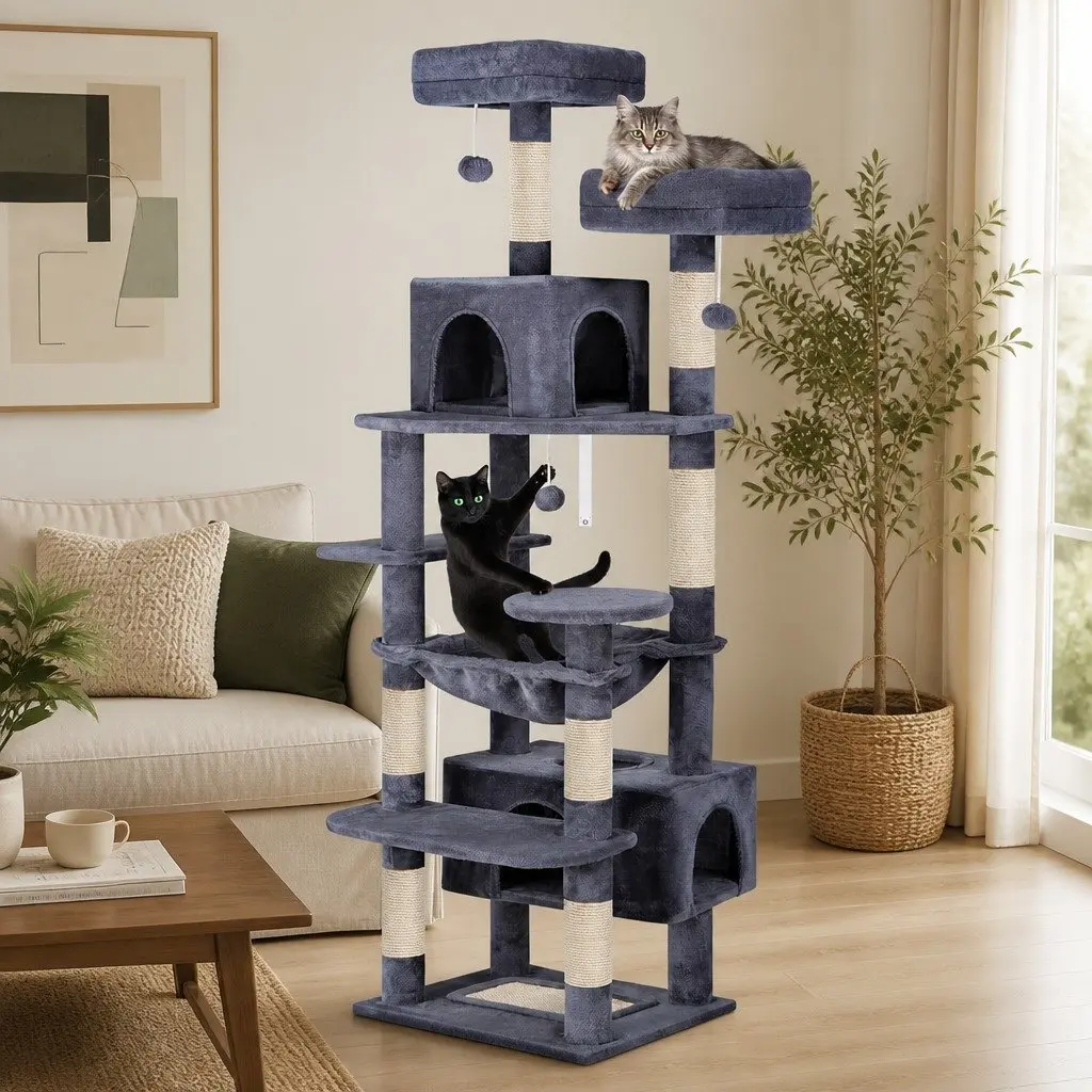 Cat Tree Tower Indoor Cats 180cm Grey Plush Perches Dual Condos Sisal Scratching