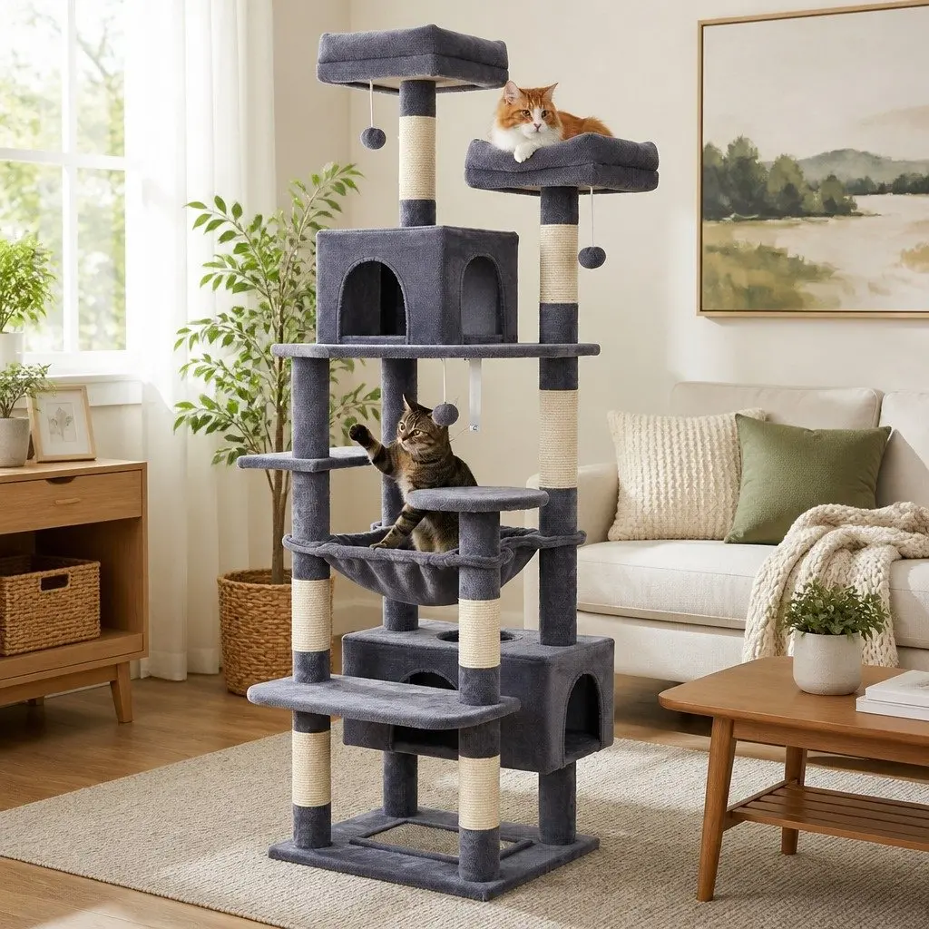 Cat Tree Tower Indoor Cats 180cm Grey Plush Perches Dual Condos Sisal Scratching