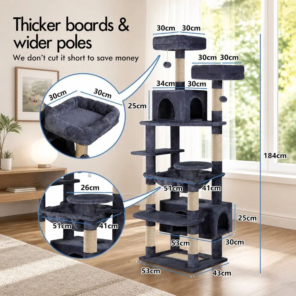 Cat Tree Tower Indoor Cats 180cm Grey Plush Perches Dual Condos Sisal Scratching