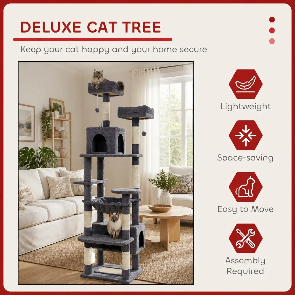 Cat Tree Tower Indoor Cats 180cm Grey Plush Perches Dual Condos Sisal Scratching