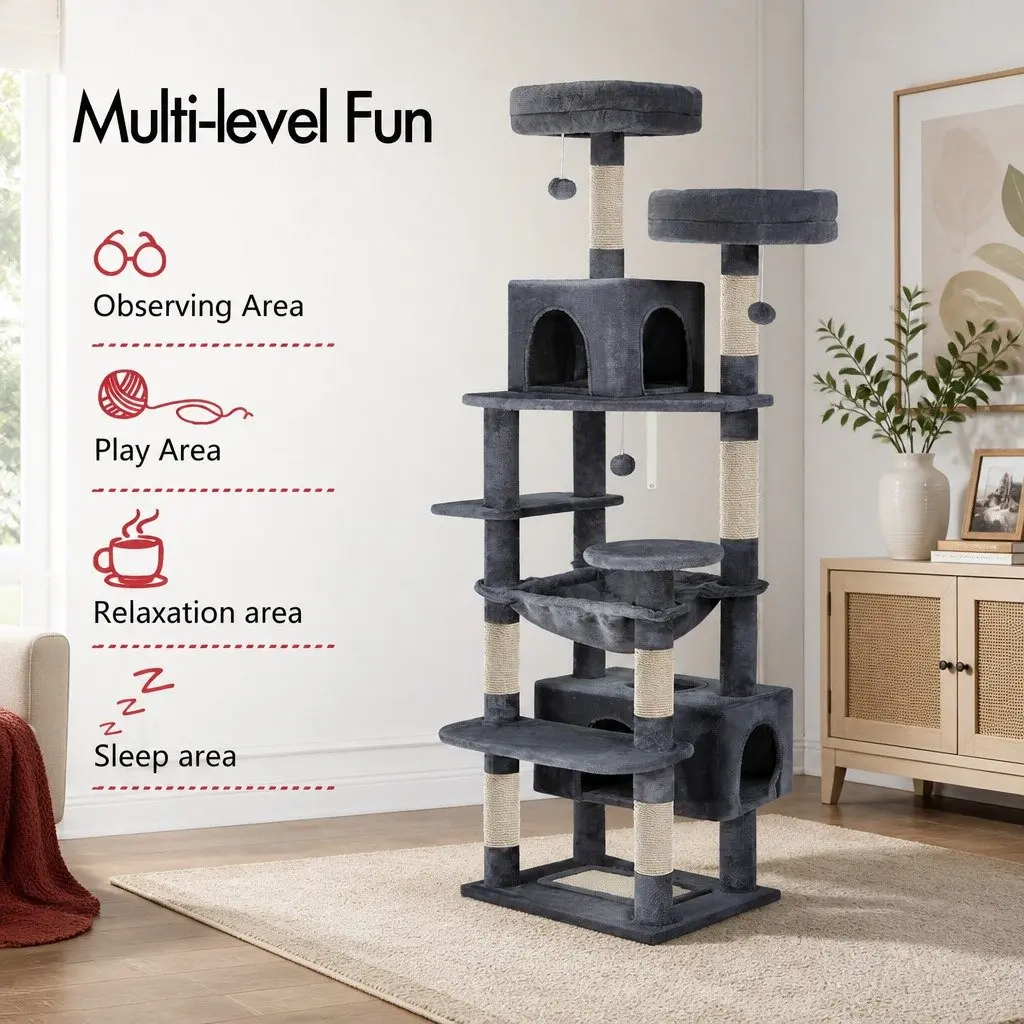 Cat Tree Tower Indoor Cats 180cm Grey Plush Perches Dual Condos Sisal Scratching