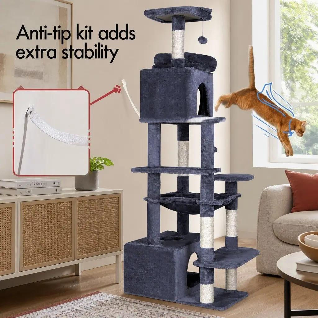 Cat Tree Tower Indoor Cats 180cm Grey Plush Perches Dual Condos Sisal Scratching