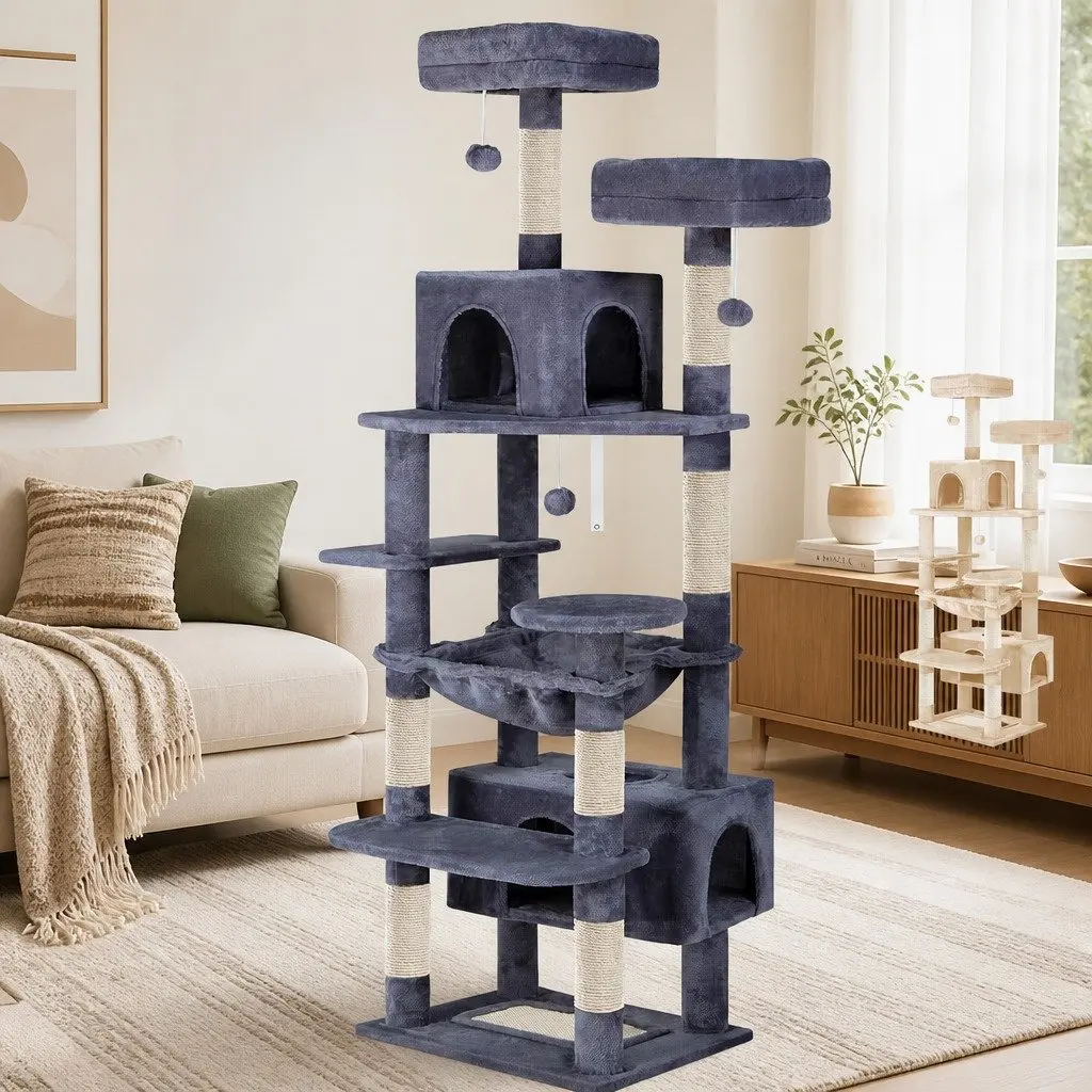 Cat Tree Tower Indoor Cats 180cm Grey Plush Perches Dual Condos Sisal Scratching