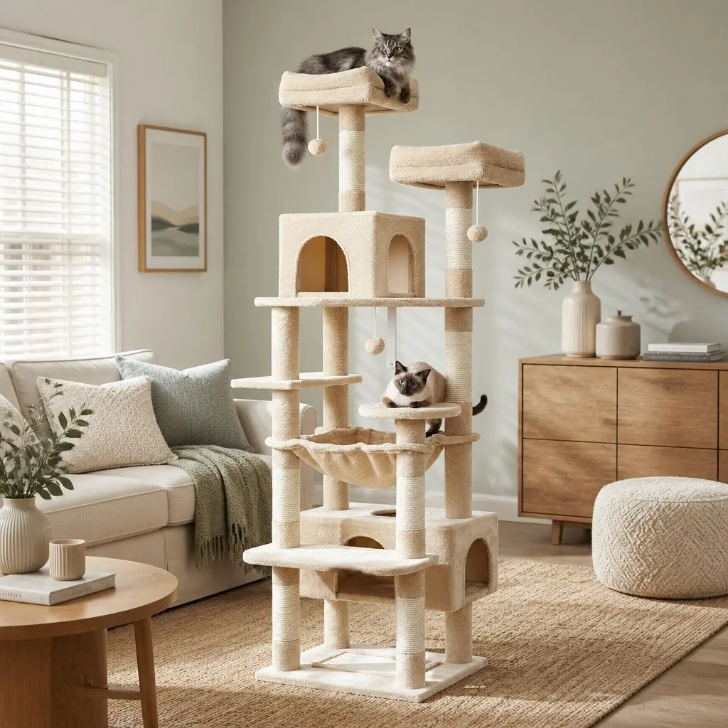 Cat Tree Tower Indoor Cats 180cm Beige Plush Perches Dual Condos Sisal Scratching