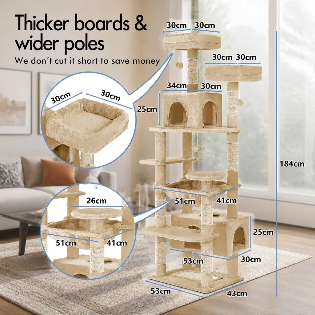 Cat Tree Tower Indoor Cats 180cm Beige Plush Perches Dual Condos Sisal Scratching