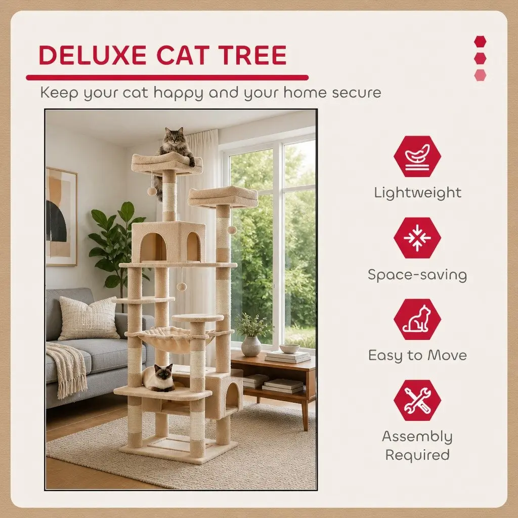 Cat Tree Tower Indoor Cats 180cm Beige Plush Perches Dual Condos Sisal Scratching