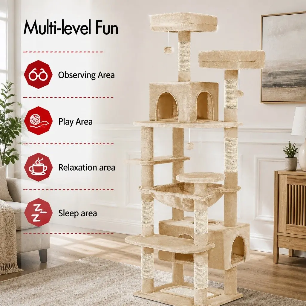 Cat Tree Tower Indoor Cats 180cm Beige Plush Perches Dual Condos Sisal Scratching