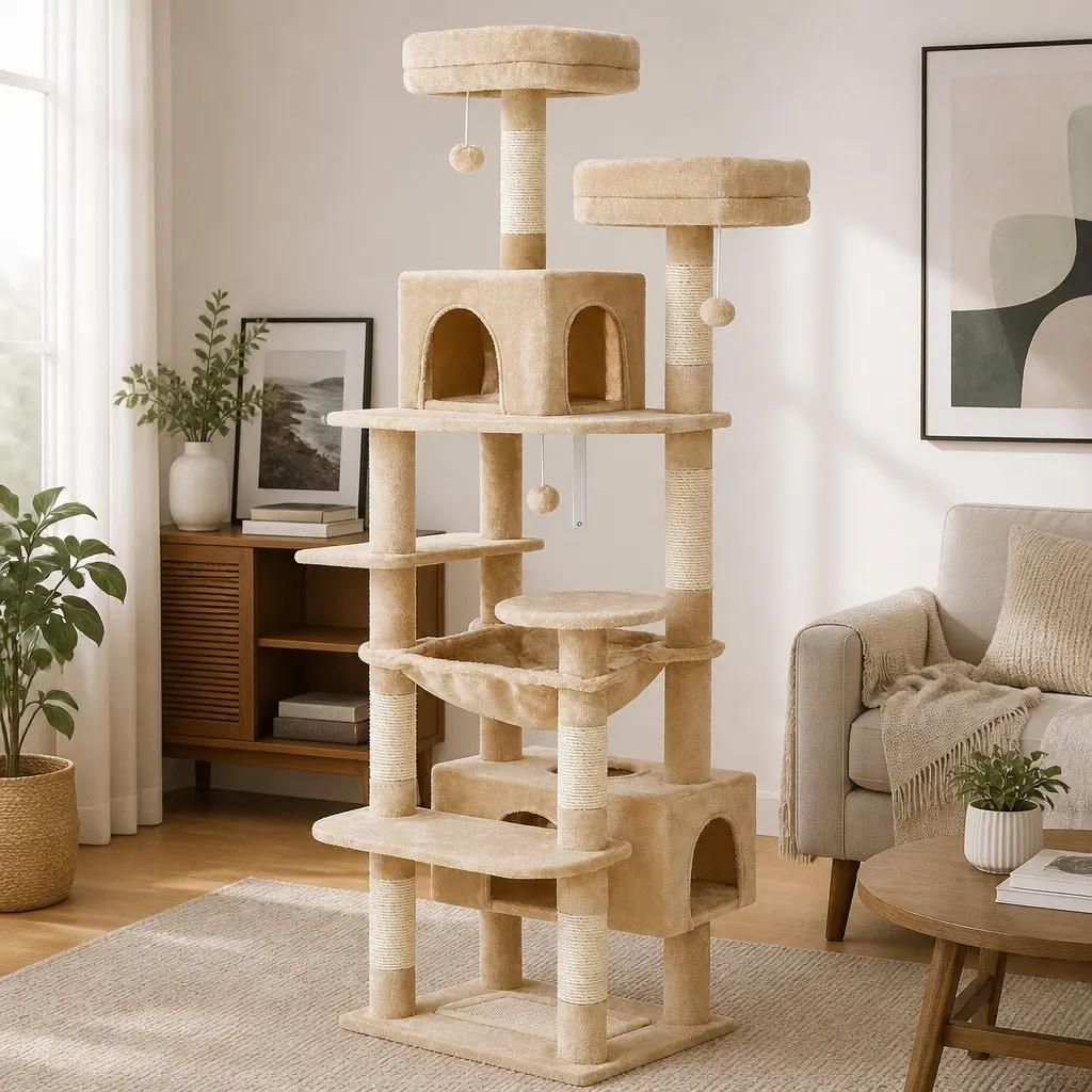 Cat Tree Tower Indoor Cats 180cm Beige Plush Perches Dual Condos Sisal Scratching
