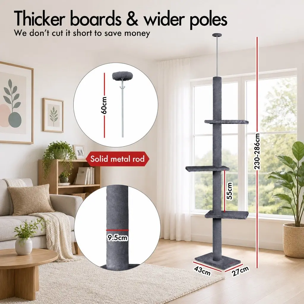 Cat Tree Tower Indoor Adjustable Height 230-286cm Grey