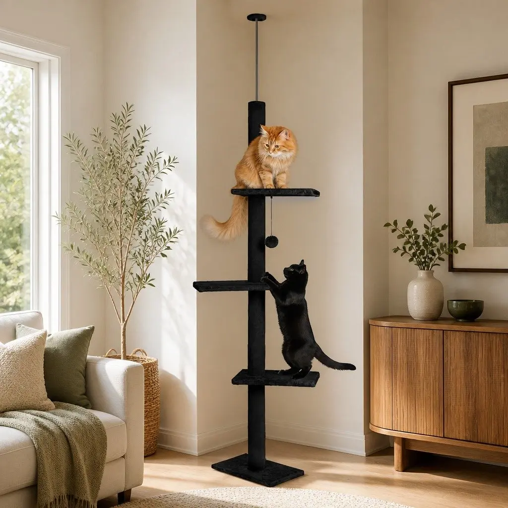 Cat Tree Tower Indoor Adjustable Height 230-286cm Black 4 Platforms