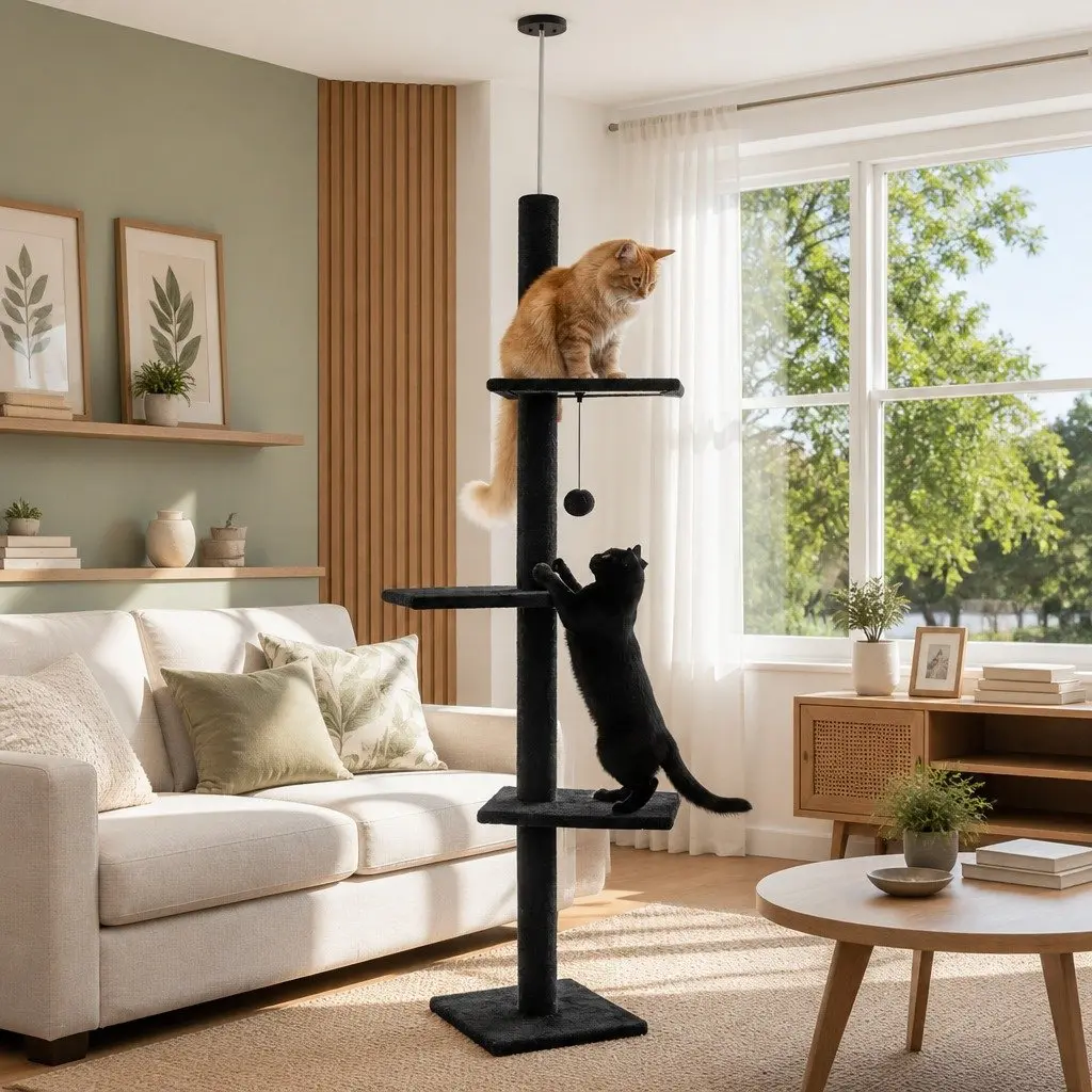 Cat Tree Tower Indoor Adjustable Height 230-286cm Black 4 Platforms