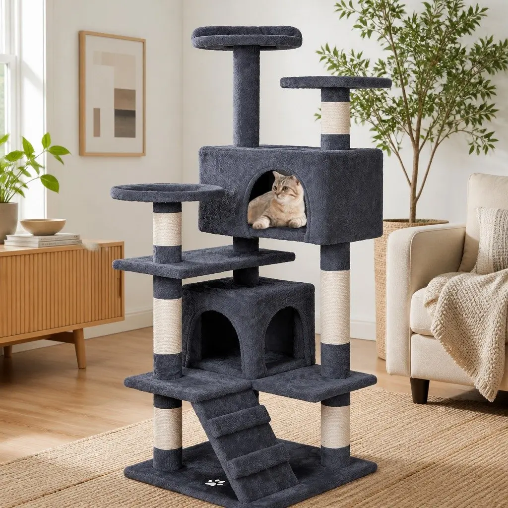 Cat Tree Tower Indoor Cats 180cm Dark Grey Multi-Level Plush Perches Condos Sisal
