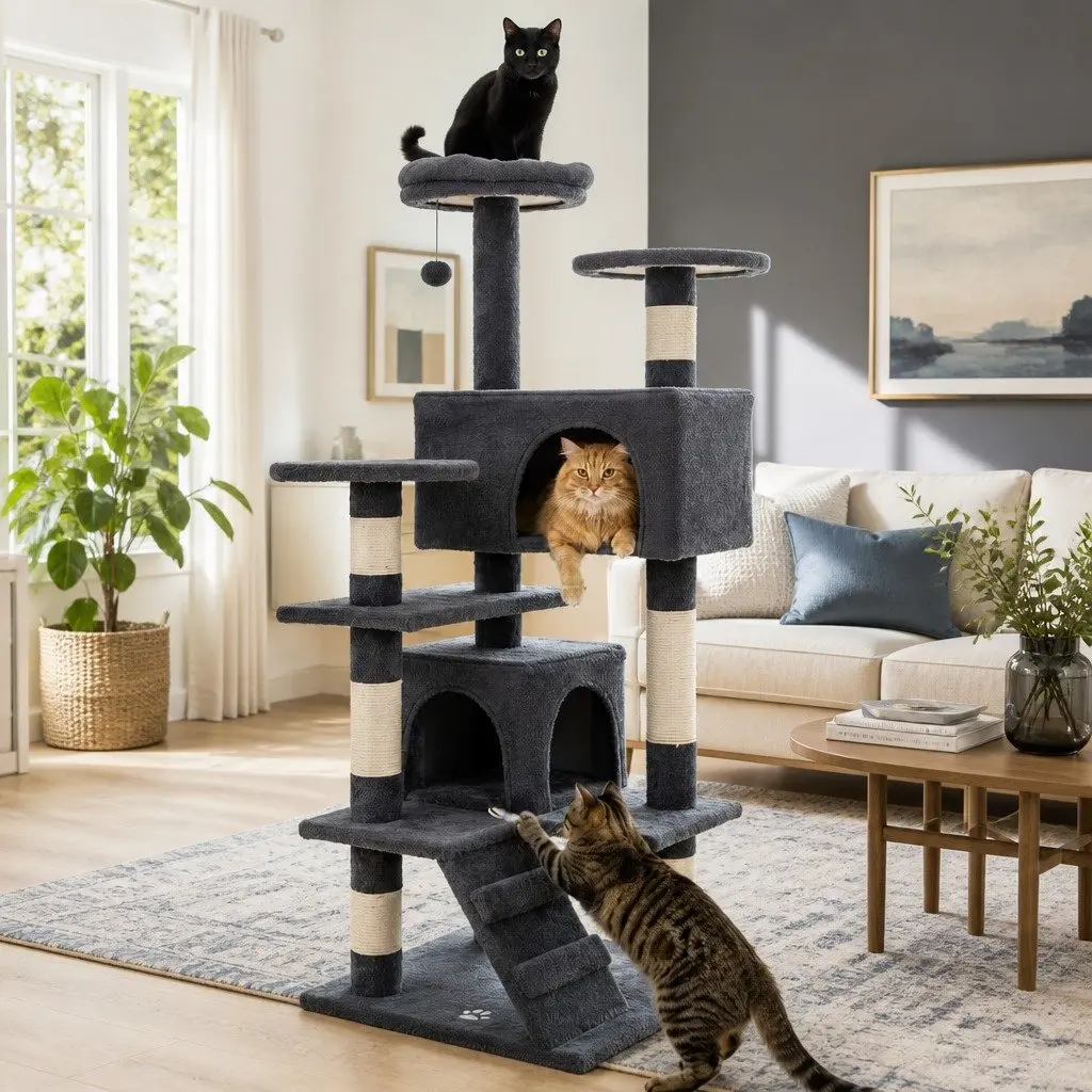 Cat Tree Tower Indoor Cats 180cm Dark Grey Multi-Level Plush Perches Condos Sisal