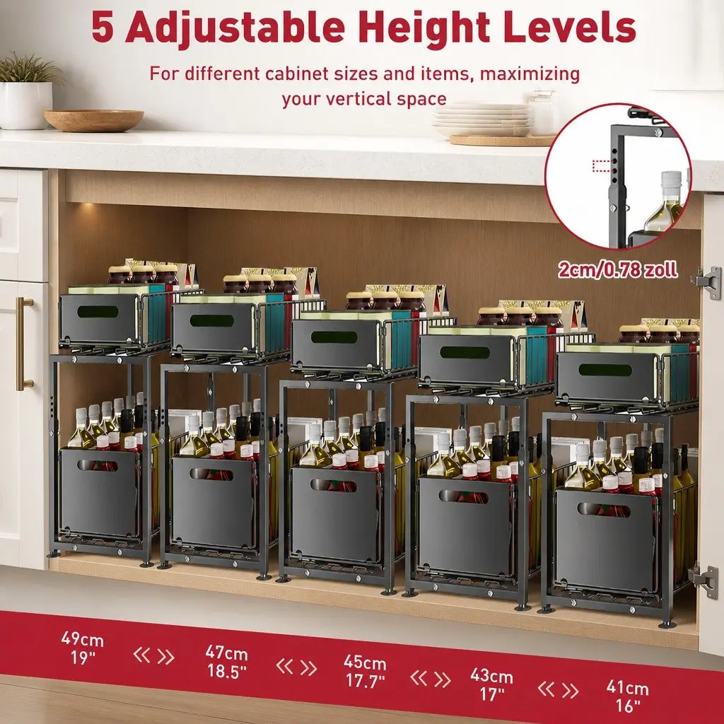 Under Sink Organizer 2-Tier Sliding Drawers Height Adjustable Kitchen Bathroom