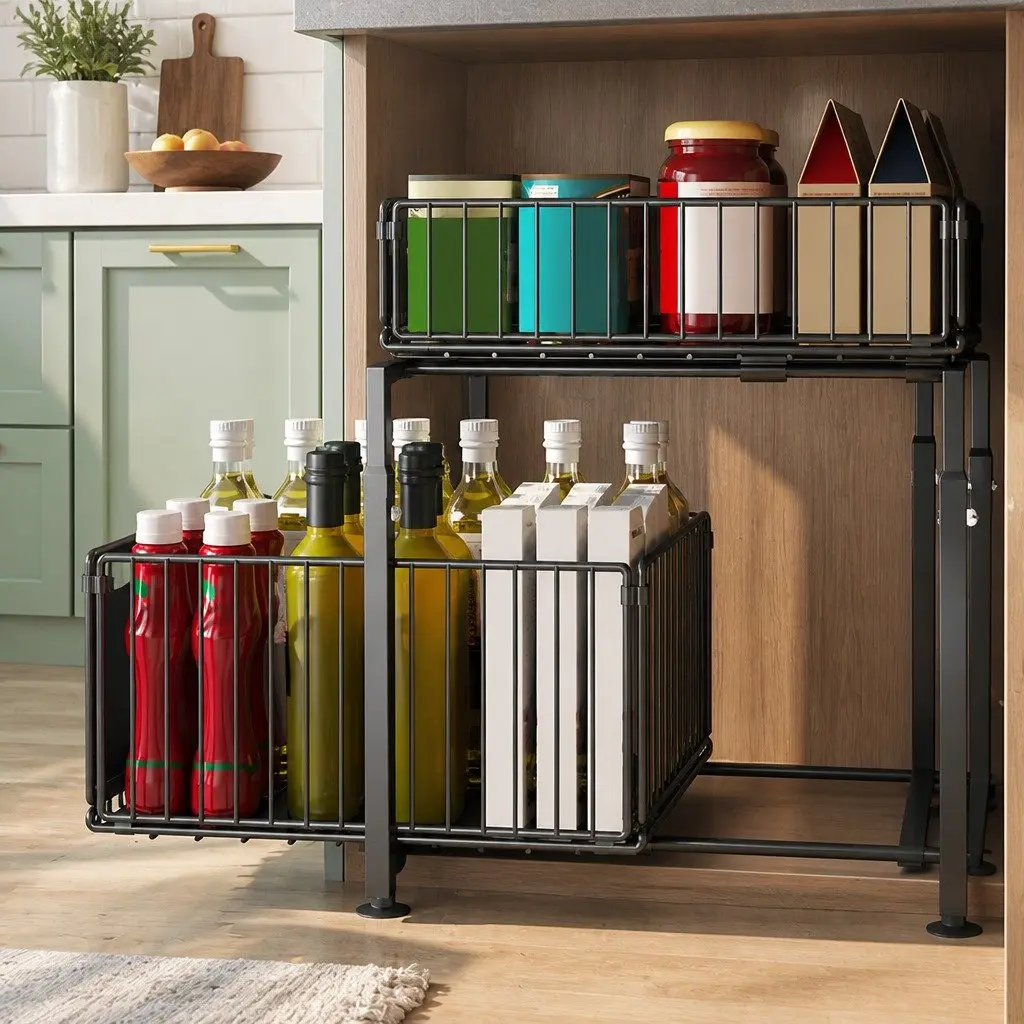Under Sink Organizer 2-Tier Sliding Drawers Height Adjustable Kitchen Bathroom