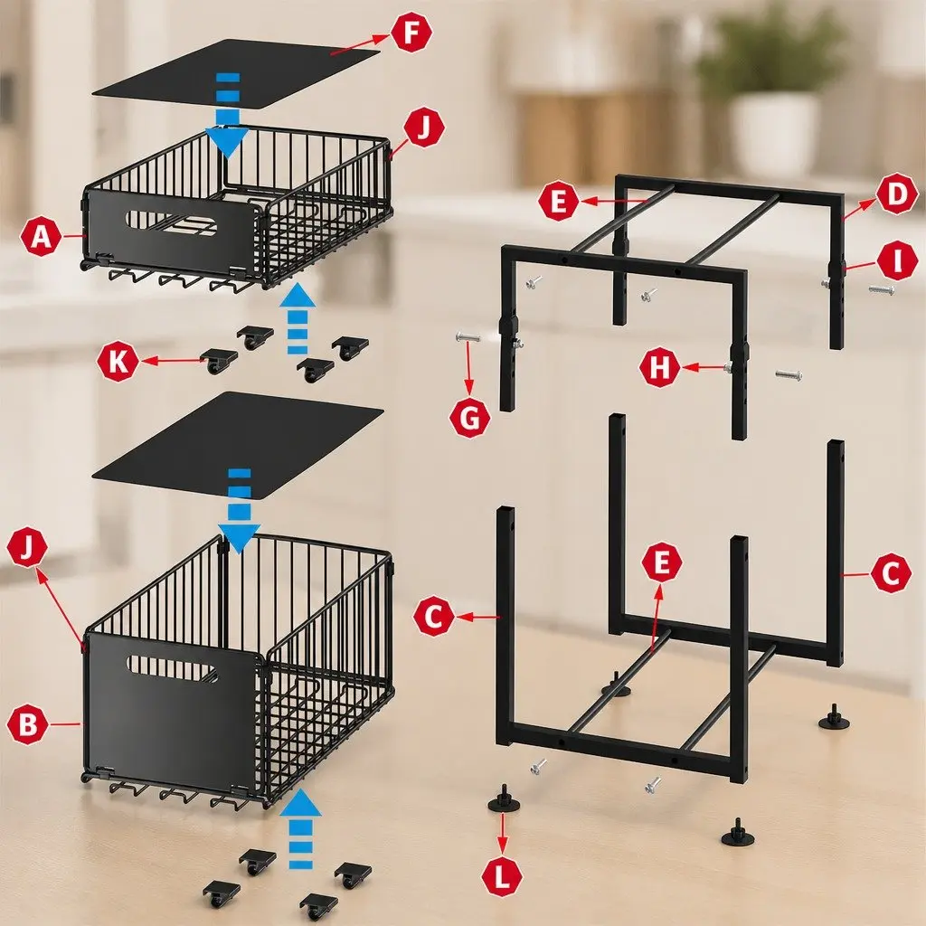 Under Sink Organizer 2-Tier Sliding Drawers Height Adjustable Kitchen Bathroom