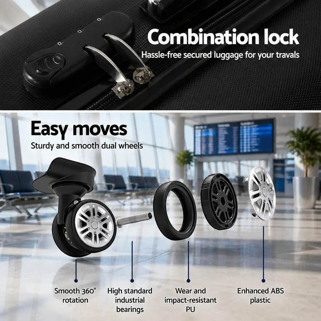 Hard Shell Luggage Carry On Suitcase 20 Inch Code Lock Wheels Black