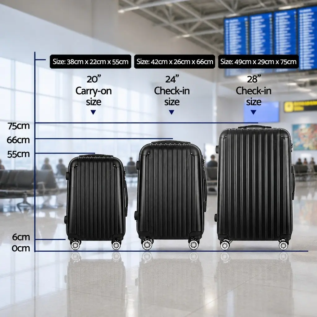 3 Piece Hard Shell Luggage Set Trolley Carry On Travel Suitcase 20 24 28 Inch Black
