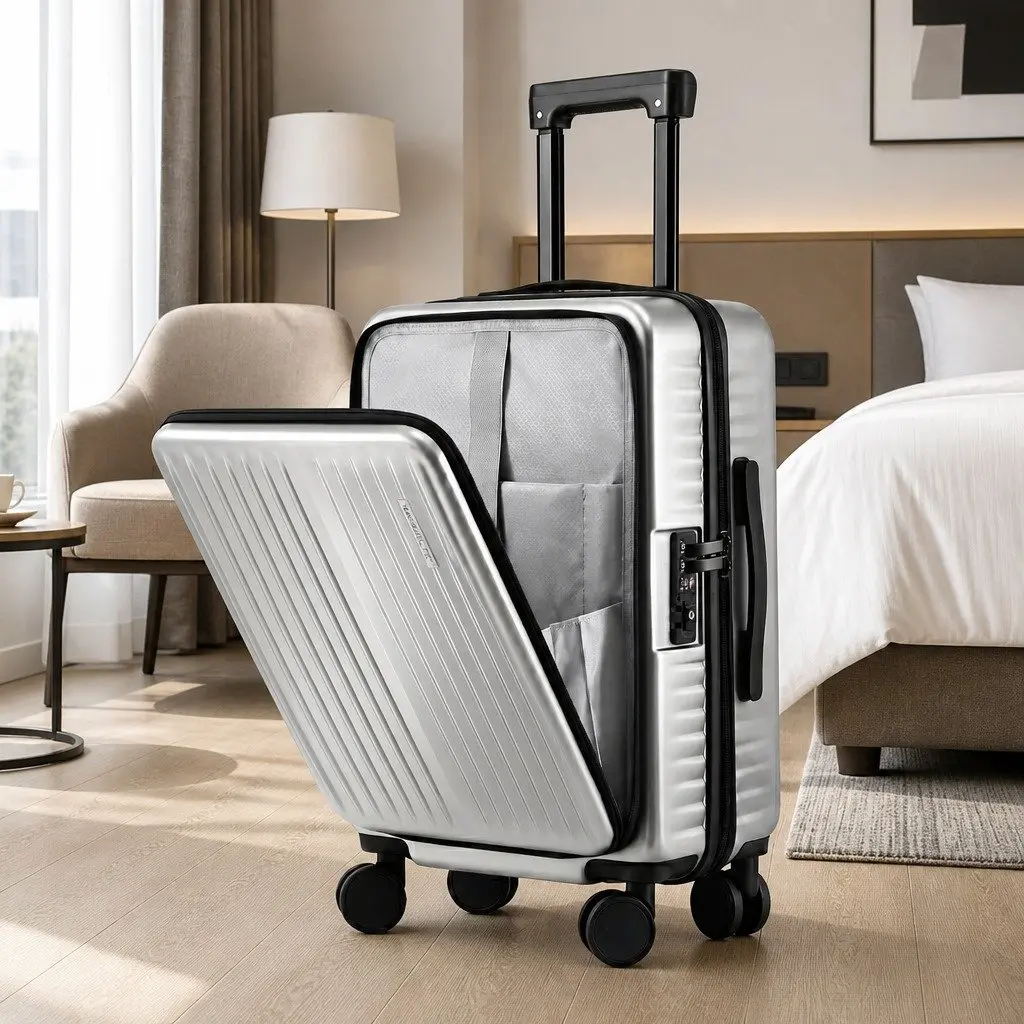 20 Inch Carry On Suitcase Front Pocket Luggage Silver Travel Case