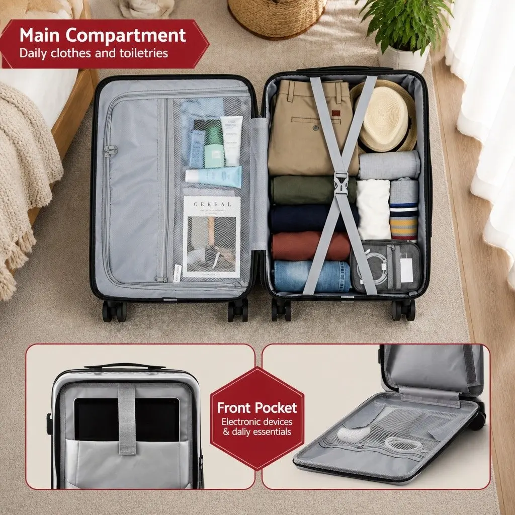 20 Inch Carry On Suitcase Front Pocket Luggage Silver Travel Case