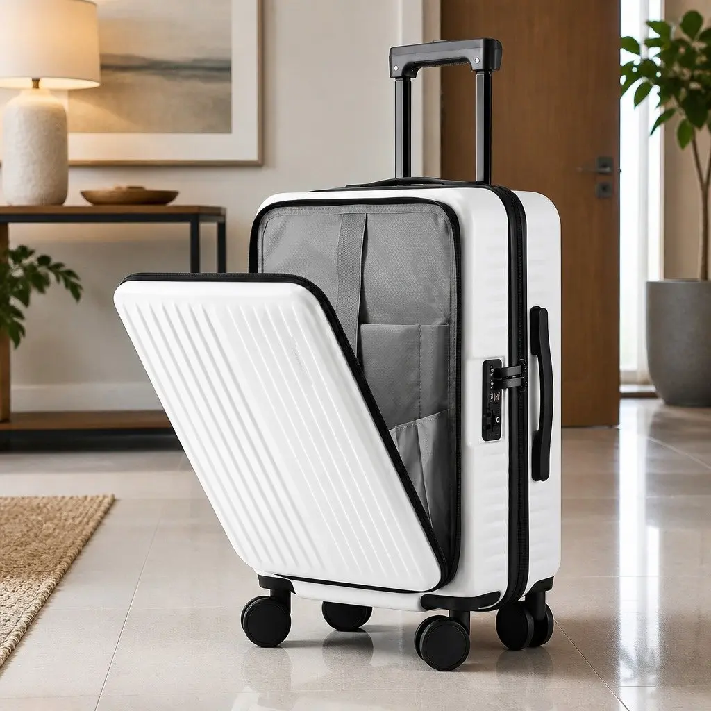 20 Inch Carry On Luggage Suitcase Front Pocket Travel Case White