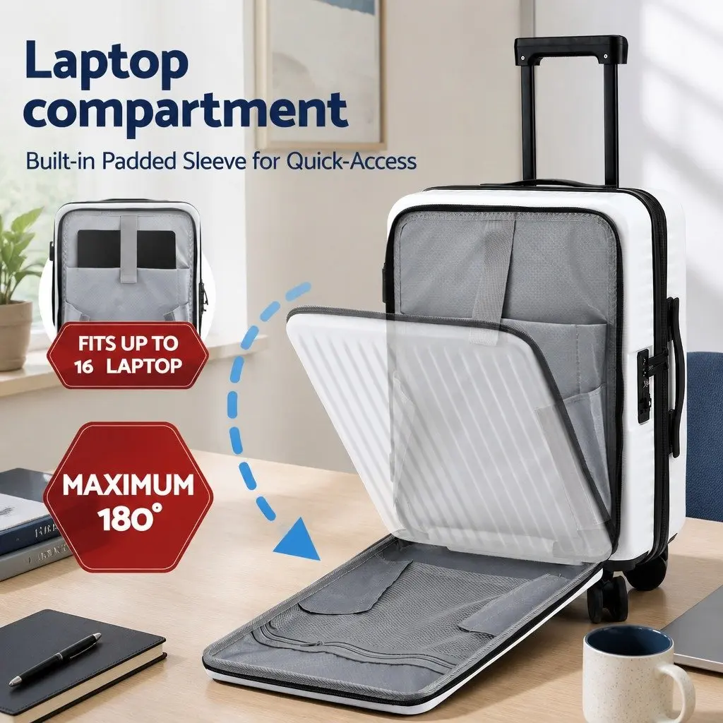 20 Inch Carry On Luggage Suitcase Front Pocket Travel Case White