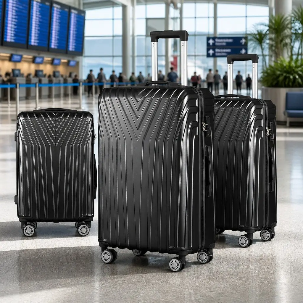3 Piece Luggage Set Hard Shell Suitcase Carry On 20 Inch 24 Inch 28 Inch Black