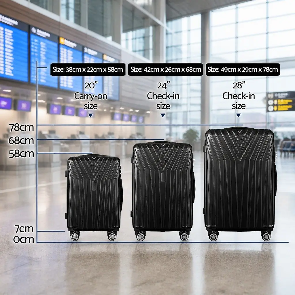 3 Piece Luggage Set Hard Shell Suitcase Carry On 20 Inch 24 Inch 28 Inch Black