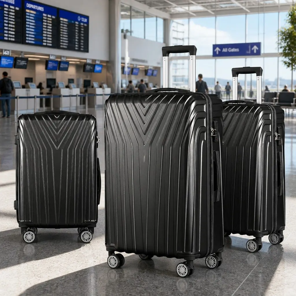 3 Piece Luggage Set Hard Shell Suitcase Carry On 20 Inch 24 Inch 28 Inch Black