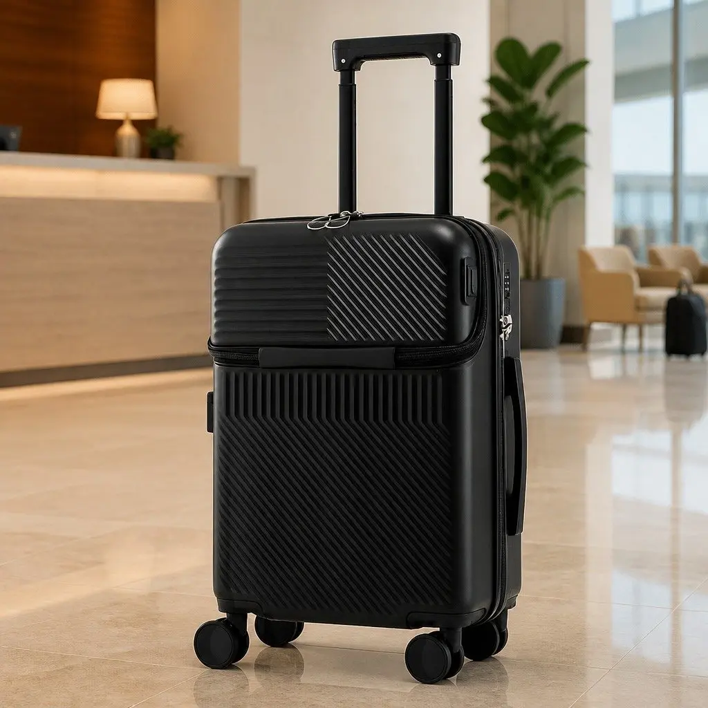20 Inch Carry On Luggage Suitcase Front Pocket Black Travel Case Spinner